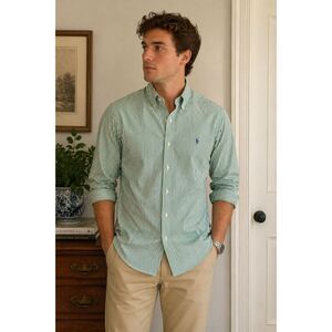 Polo Ralph Lauren Green White L Striped Button Up Shirt Men Classic Fit Cotton H